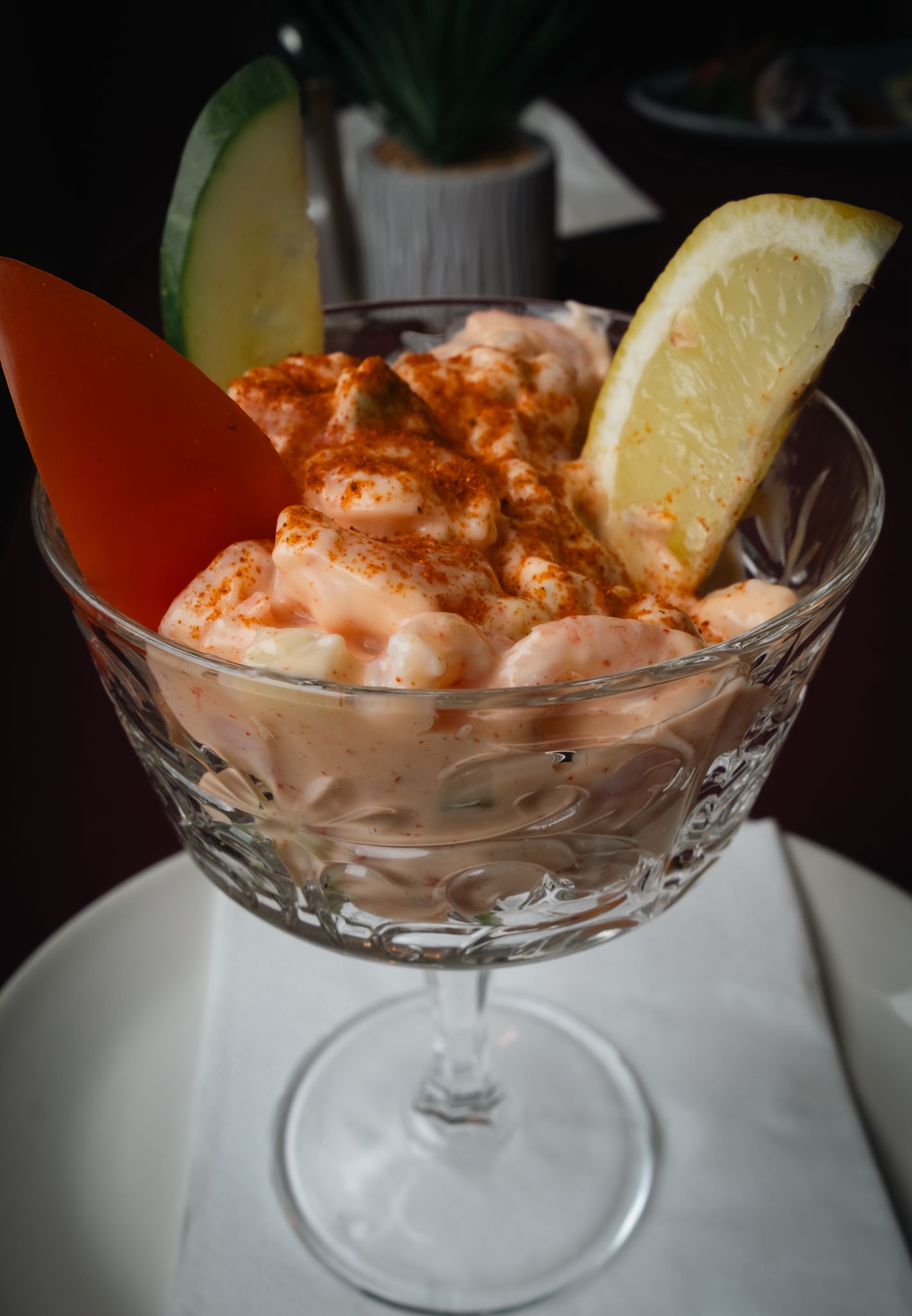 Baby prawns with tangy Marie Rose sauce, fresh cucumber and a lemon wedge