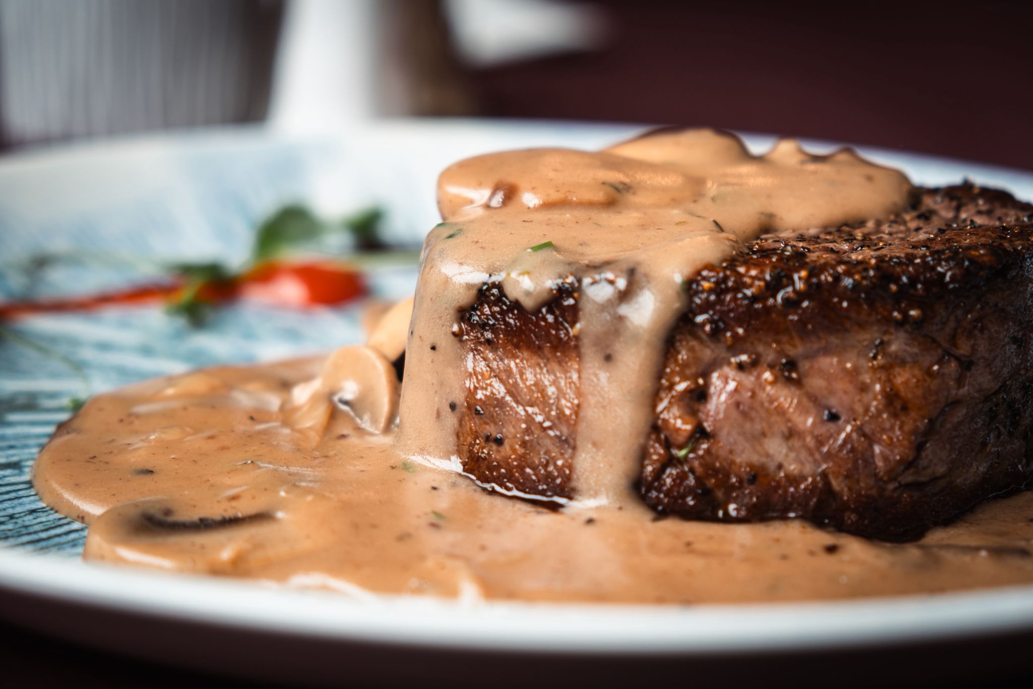 Demi-glace with French mustard, creamy sauce, mushrooms and onions