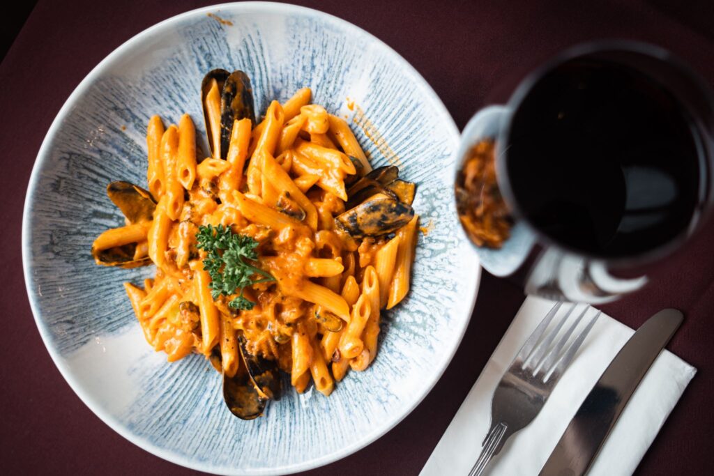 Mussels, prawns, squid, white wine, Napoli sauce and herbs